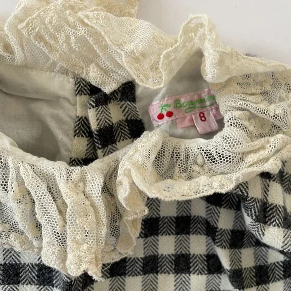 NWOT Bonpoint Brushed Cotton Gingham Check Dress With Lace Collar:
